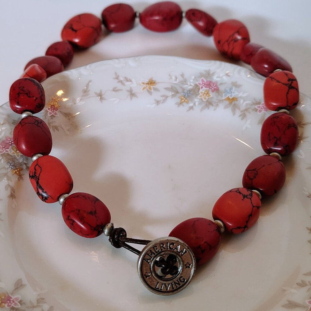 Ralph Lauren American Living Red Coral Howlite Chunky Bead Necklace Choker